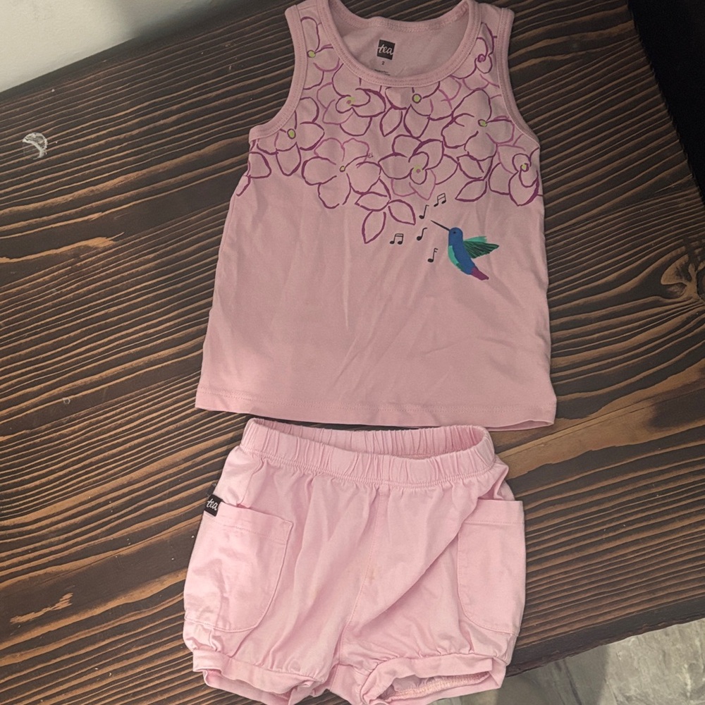 Tea Collection Pink Floral Hummingbird Tank (size 2) & Tea Collection shorts